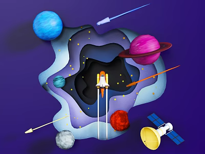 Cartoon Space Scene With Rocket Planets Satellite Stars Arrows And Black Hole 3d model