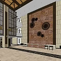 Hotel Lobby Interior Design With Wooden Ceiling Beams Hanging Chandeliers Grand Staircase And Marble Flooring