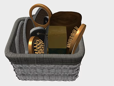 Practical Bathroom Accessories Organized in Wicker Basket with Brushes Soap and Towels 3d model