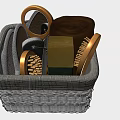 Practical Bathroom Accessories Organized in Wicker Basket with Brushes Soap and Towels