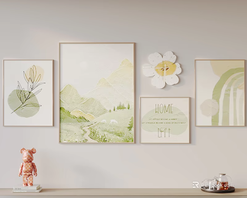 Abstract Paintings Wall Decor With Botanical Elements Mountain Landscape And HOME Lettering 3d model