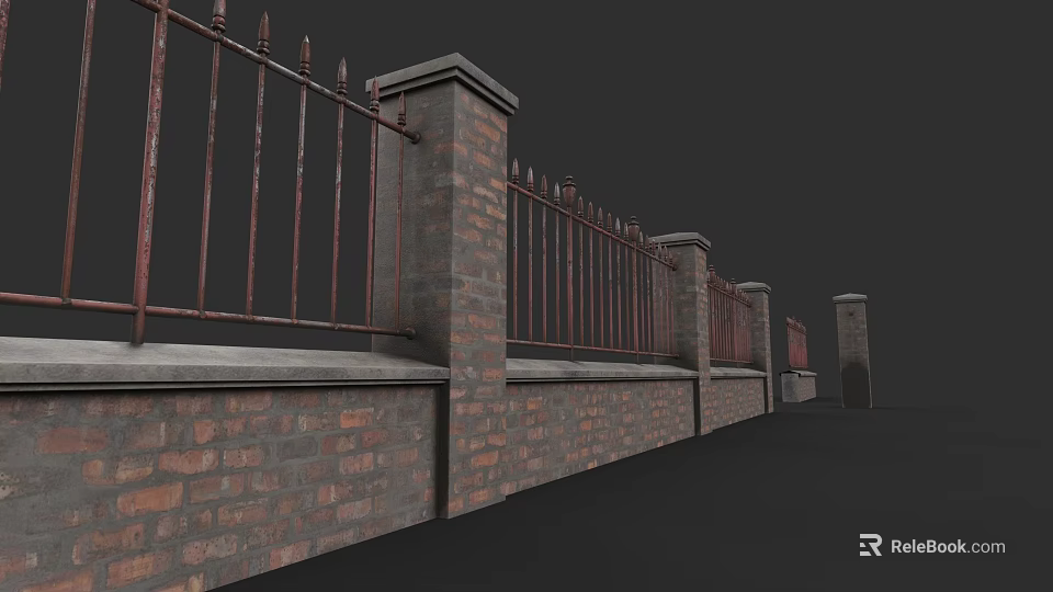 Classic Brick Pillar Fence With Ornate Iron Railings And Spiked Details 3d model 