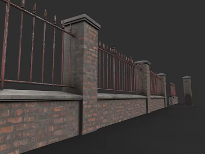 Classic Brick Pillar Fence With Ornate Iron Railings And Spiked Details 3d model