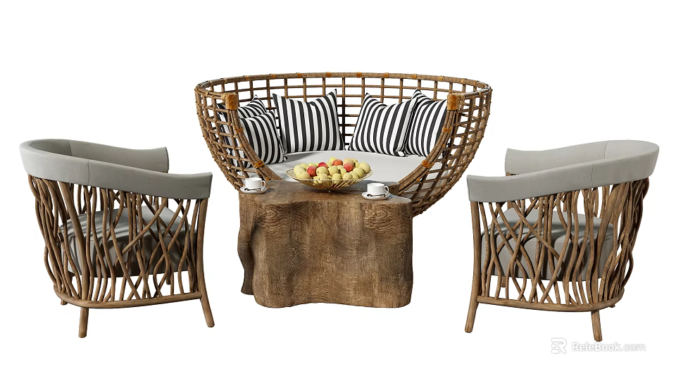 Outdoor Rattan Round Sofa with Striped Cushions and Patio Furniture Set 3d model 