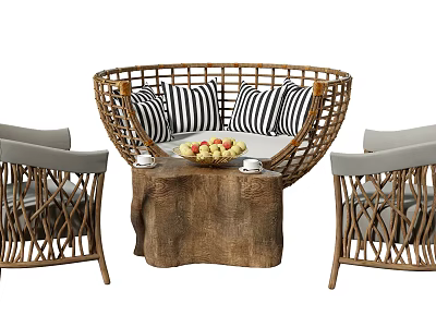 Outdoor Rattan Round Sofa with Striped Cushions and Patio Furniture Set 3d model