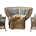 Outdoor Rattan Round Sofa with Striped Cushions and Patio Furniture Set
