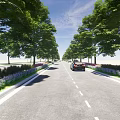 Municipal Road With Lush Green Trees Flower Beds And Car Driving Under Blue Sky