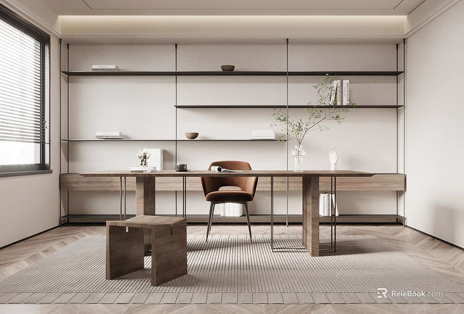 Modern Study Room Interior Design With Wall Shelves Wooden Desk Brown Chair And Textured Rug 3d model 