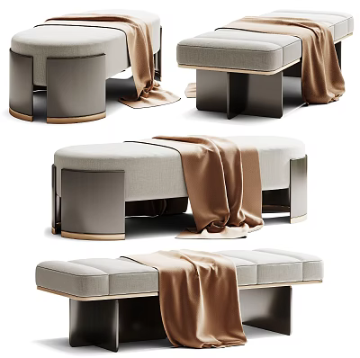 Modern Upholstered Sofa Bench With Neutral Fabric Metal Legs And Brown Throw Blanket 3d model