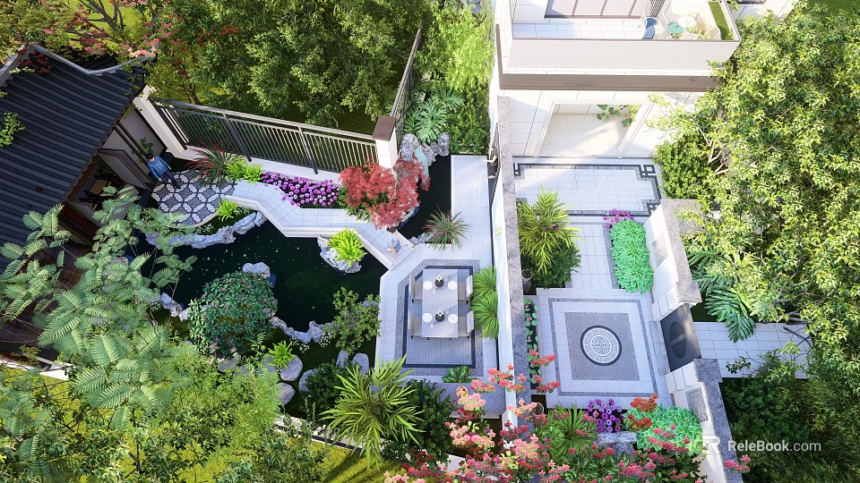 Beautiful Water Fountain in Garden Surrounded by Lush Greenery Stone Pathways and Colorful Flowers 3d model 