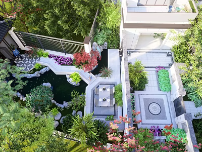 Beautiful Water Fountain in Garden Surrounded by Lush Greenery Stone Pathways and Colorful Flowers 3d model