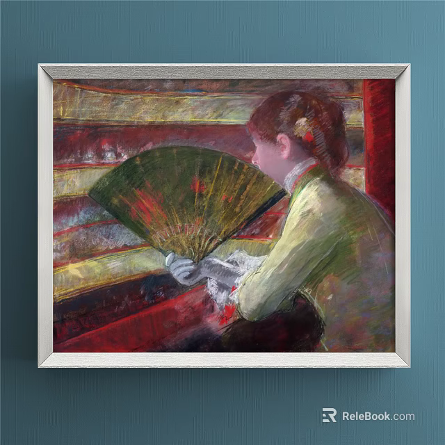 Vintage Figure Painting of Woman Holding Green Fan in Lace Dress Against Striped Background 3d model 