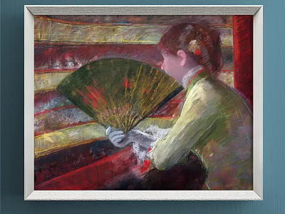 Vintage Figure Painting of Woman Holding Green Fan in Lace Dress Against Striped Background 3d model
