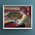 Vintage Figure Painting of Woman Holding Green Fan in Lace Dress Against Striped Background