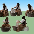 Woman in Traditional Dress Washing Clothes in Metal Tub and Squeezing Fabric