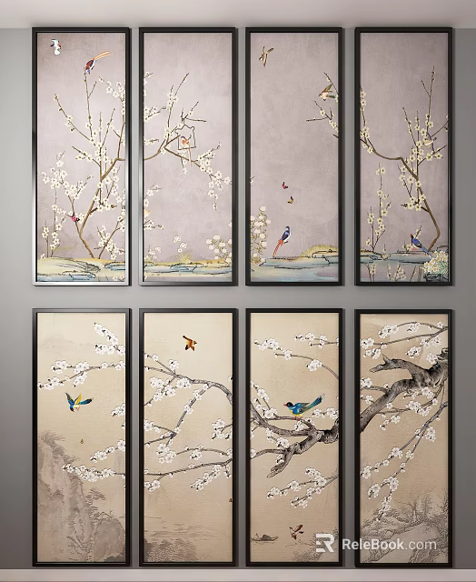 Chinese Style Botanical Paintings With Plum Blossoms Branches And Birds As Wall Decor 3d model 