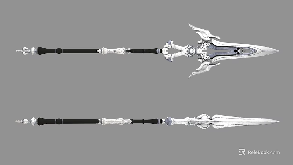 Ornate Silver Sword 3D Model with Black Hilt and Wing Shaped Decorative Blade Design 3d model 
