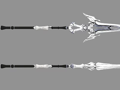 Ornate Silver Sword 3D Model with Black Hilt and Wing Shaped Decorative Blade Design 3d model