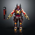 Muscular Armored Character With Yellow Red Armor And Mechanical Tools In Standing Pose