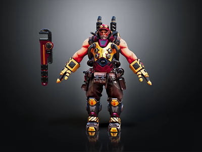 Muscular Armored Character With Yellow Red Armor And Mechanical Tools In Standing Pose 3d model