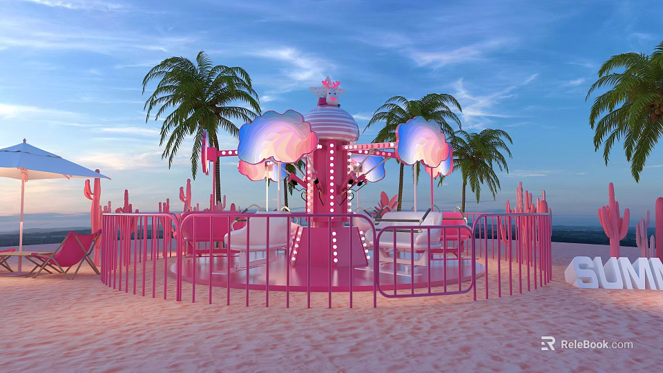 Pink Spinning Carousel With Cloud Shaped Decorations And Palm Trees On Beach 3d model 