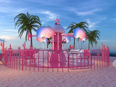 Pink Spinning Carousel With Cloud Shaped Decorations And Palm Trees On Beach 3d model