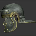 Ancient Decorative Helmet With Green And Gold Finish Ornate Cheek Guards And Riveted Details