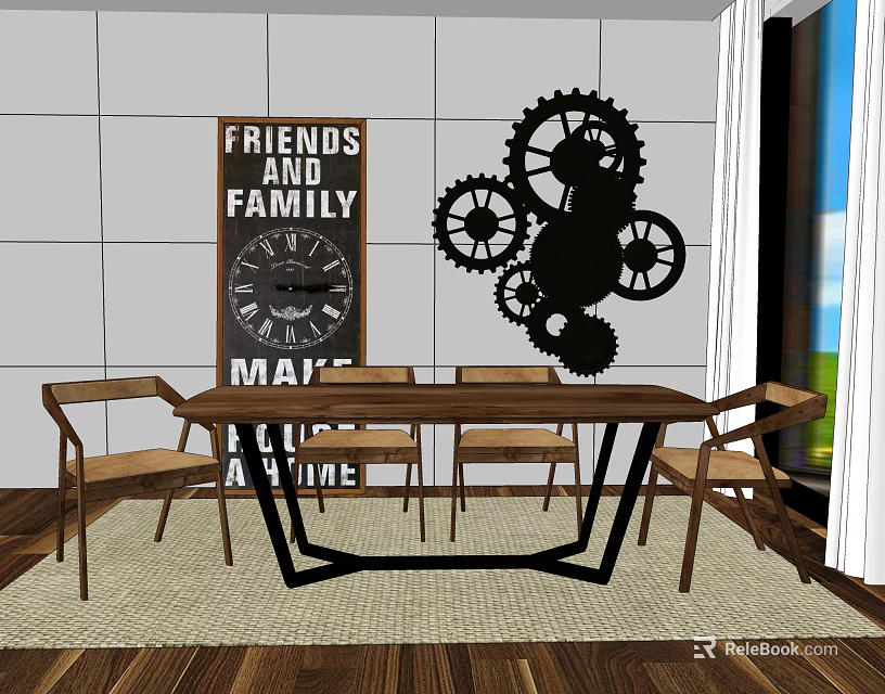 Wooden Dining Table Set With Chairs Gear Wall Art And Friends Family Sign 3d model 