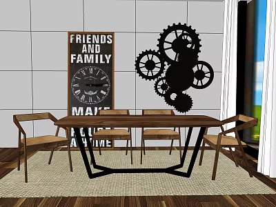 Wooden Dining Table Set With Chairs Gear Wall Art And Friends Family Sign 3d model