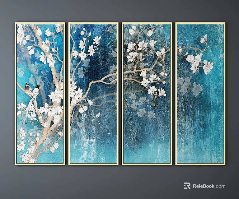 Four Panel Botanical Paintings With White Flowers Tree Branches Blue Background And Golden Frames 3d model