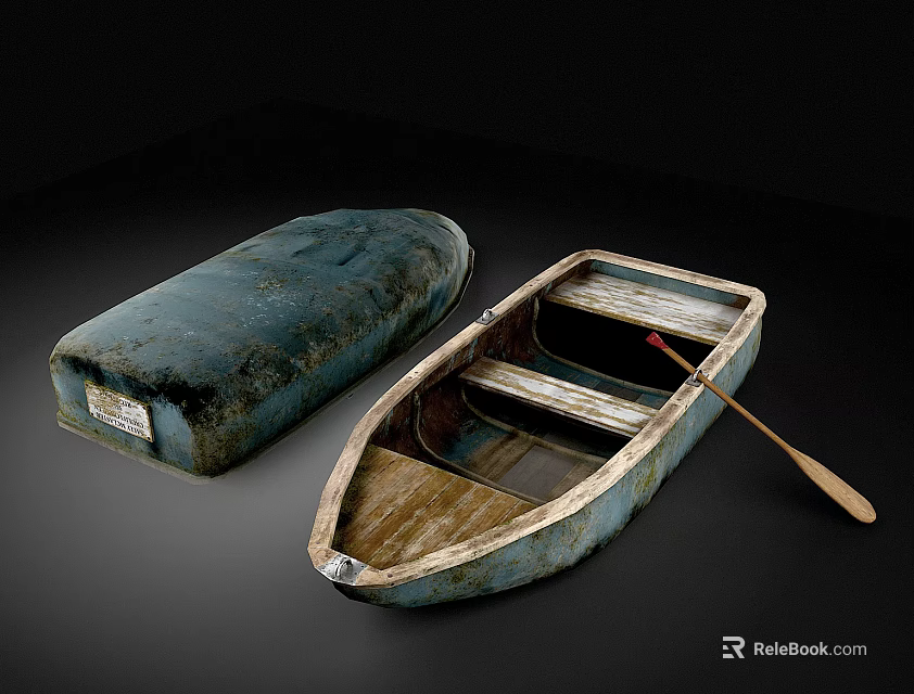 Vintage Wooden Boat With Wooden Oar And Blue Storage Case 3d model 