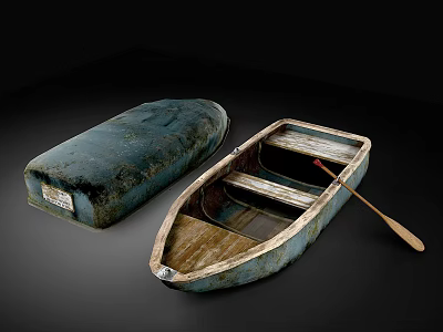Vintage Wooden Boat With Wooden Oar And Blue Storage Case 3d model
