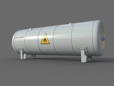 Silver Gray Cylindrical Industrial Tank With Yellow Hazard Warning Sign And Support Legs 3d model