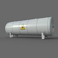 Silver Gray Cylindrical Industrial Tank With Yellow Hazard Warning Sign And Support Legs