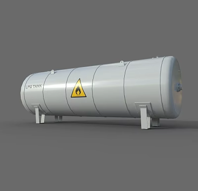 Silver Gray Cylindrical Industrial Tank With Yellow Hazard Warning Sign And Support Legs 3d model