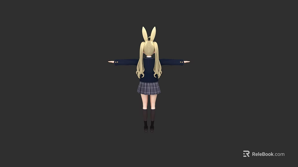 Back View Of Woman With Long Blonde Hair And Rabbit Ears In School Uniform 3d model 