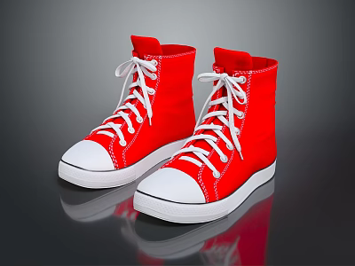 Red High Top Canvas Shoes With White Laces And White Soles 3d model