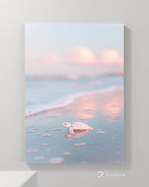 Landscape Painting Featuring Baby Sea Turtle on Sandy Beach Pink Sky Clouds Ocean Waves Reflection 3d model 