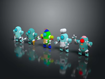 Colorful Robots Featuring Chef Hat And Holding Items On Reflective Ground 3d model