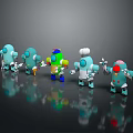 Colorful Robots Featuring Chef Hat And Holding Items On Reflective Ground