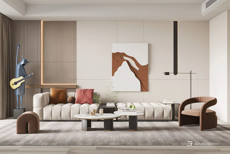 Modern Elegant Living Room With Beige Sofa Brown Accent Chair Abstract Painting And Guitar Decor 3d model 