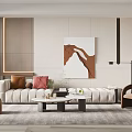 Modern Elegant Living Room With Beige Sofa Brown Accent Chair Abstract Painting And Guitar Decor