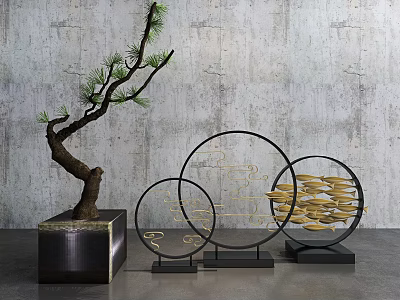 Decorative Ornament Set Featuring Bonsai Branch Circular Metal Art With Gold Accents And Black Bases 3d model
