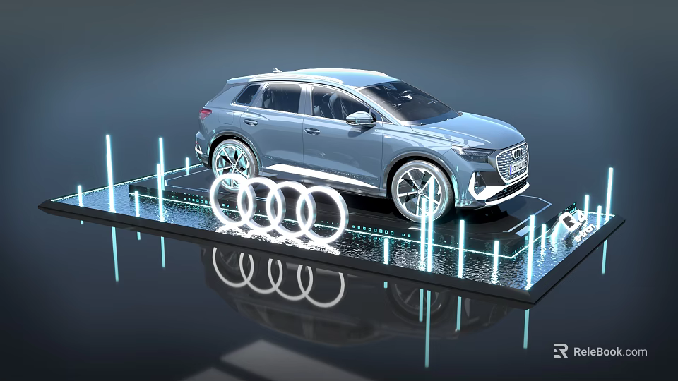 Silver Audi SUV Display On Platform With Illuminated Lines And Four Rings Logo 3d model 