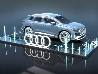 Silver Audi SUV Display On Platform With Illuminated Lines And Four Rings Logo 3d model