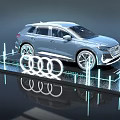 Silver Audi SUV Display On Platform With Illuminated Lines And Four Rings Logo