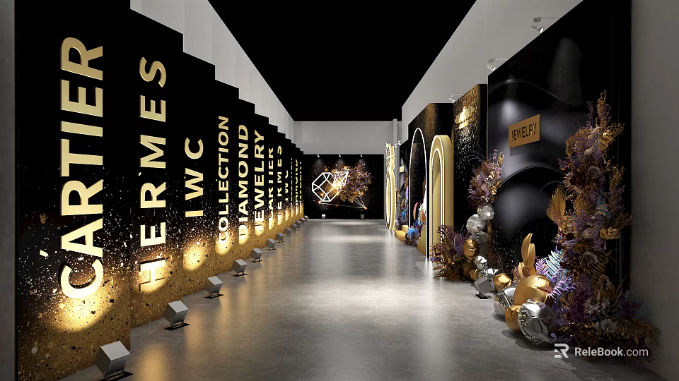 Luxury Event Passage With Brand Logos Golden Decorations And Floral Arrangements 3d model 