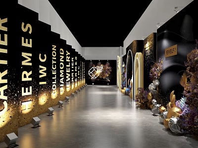 Luxury Event Passage With Brand Logos Golden Decorations And Floral Arrangements 3d model