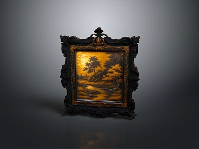 Vintage Ornate Framed Landscape Painting With Golden Background And Carved Details 3d model