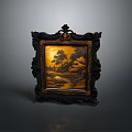 Vintage Ornate Framed Landscape Painting With Golden Background And Carved Details
